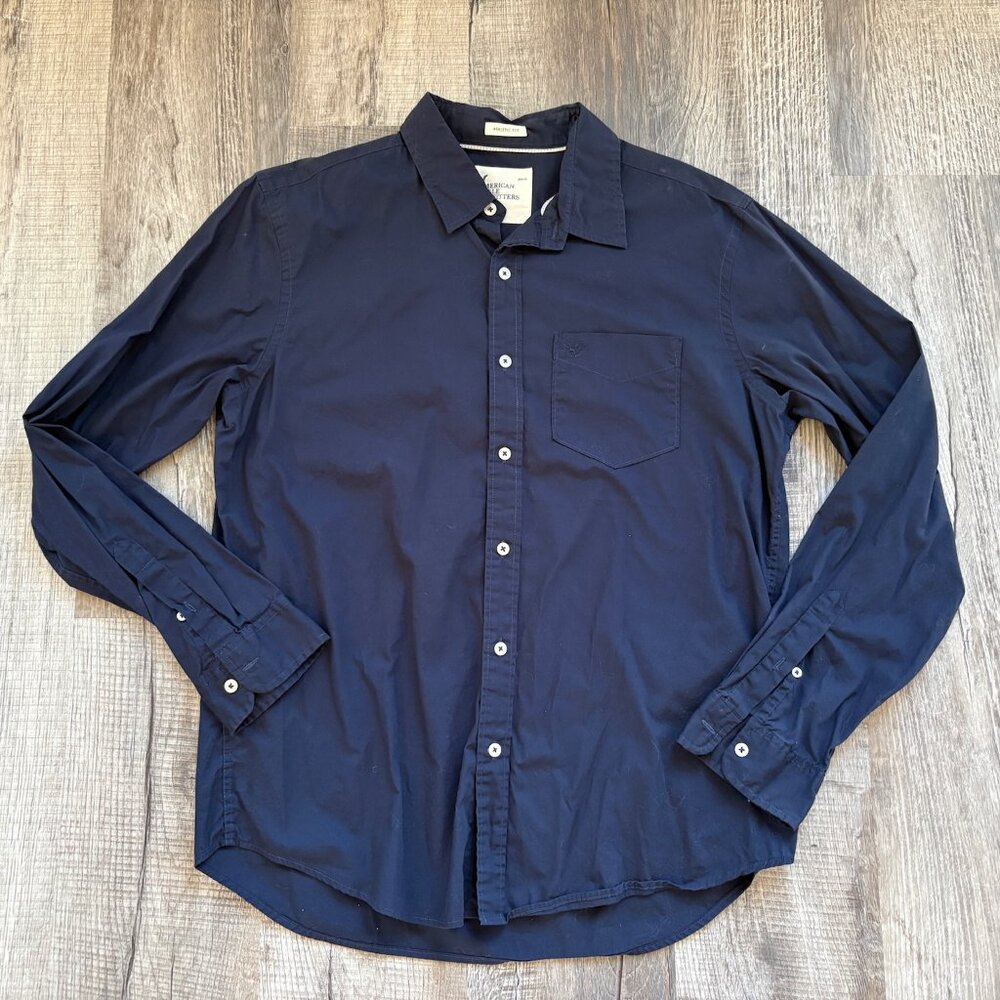 American Eagle AEO Mens Athletic Fit Button Down Shirt Size L Blue
